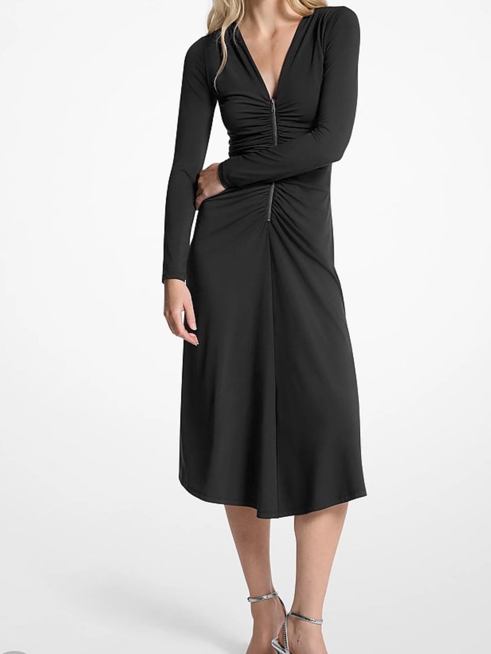 Michael Kors Black Ruched V-Neck Midi Dress